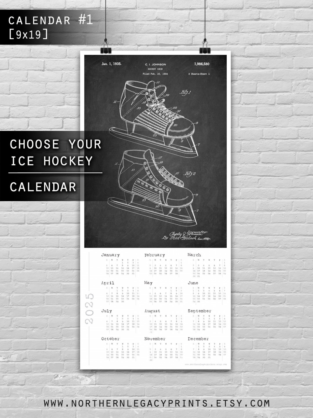 One Page CALENDAR, Vintage Ice Hockey Patent Calendar