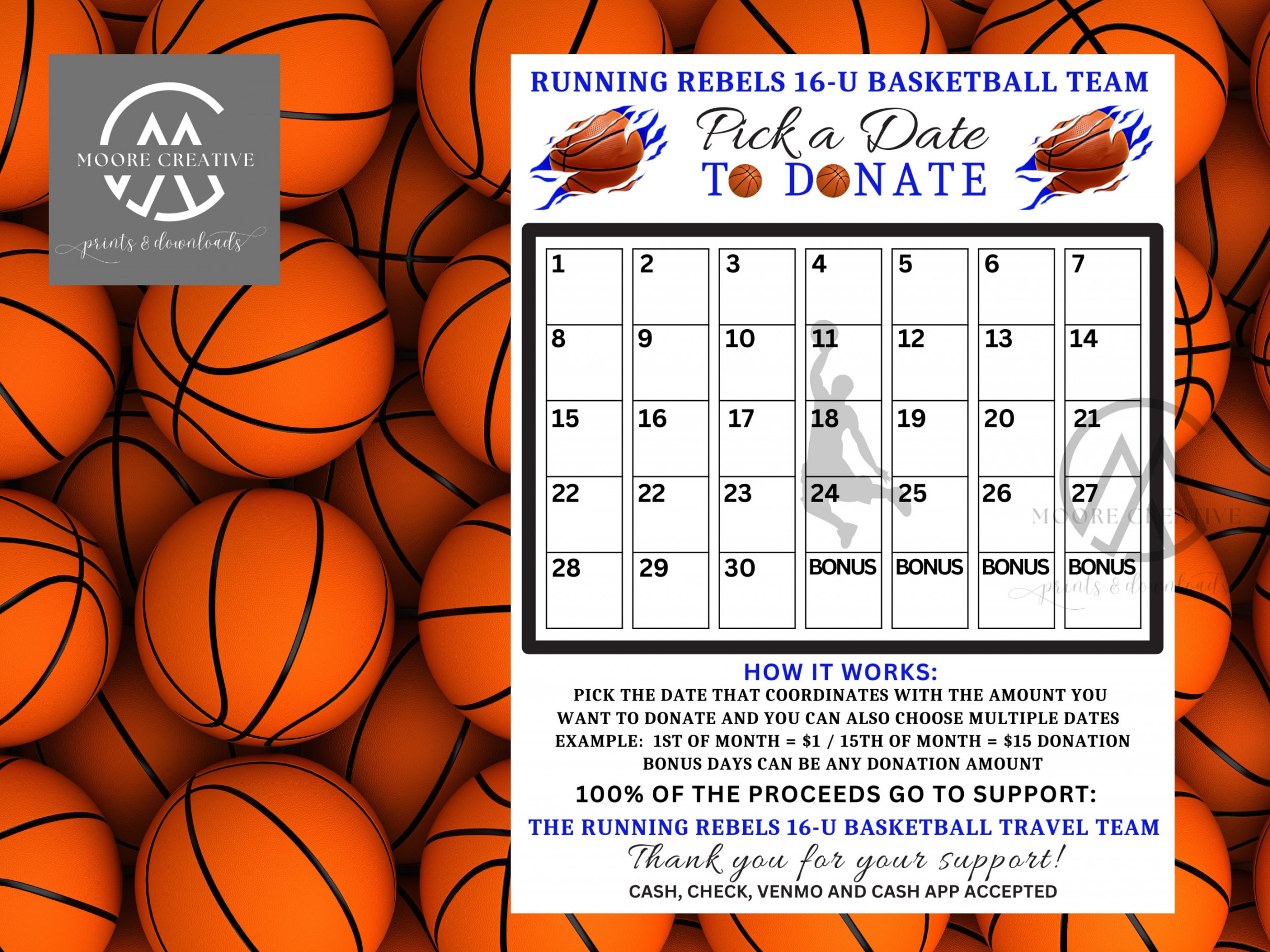 Printable Basketball Pick a Date to Donate Printable, Basketball