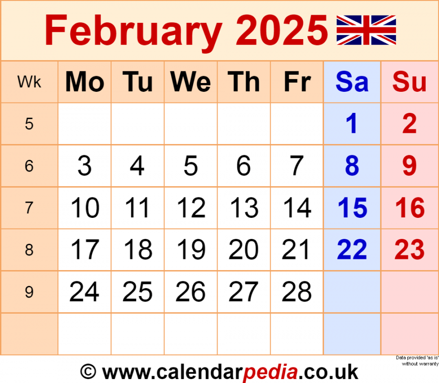 Calendar February  UK with Excel, Word and PDF templates