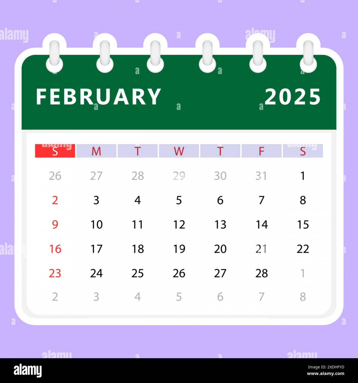 February  calendar. Sunday start