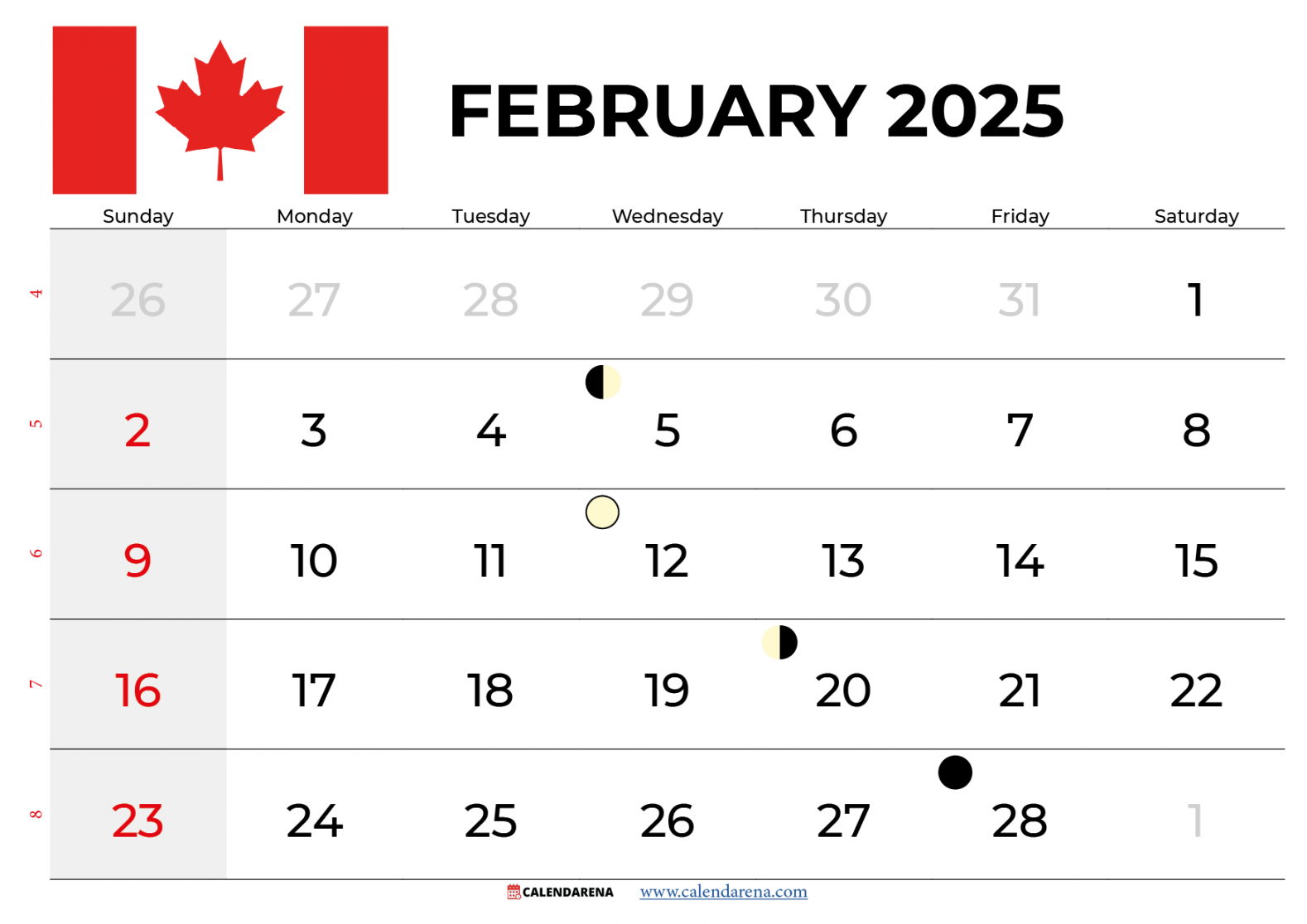 February  Calendar Canada