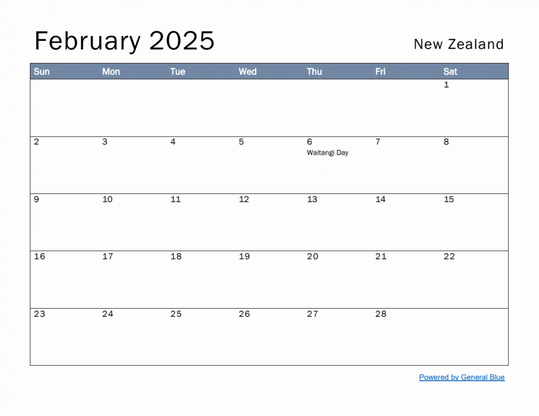 Free Monthly Calendar Template for February  with New Zealand