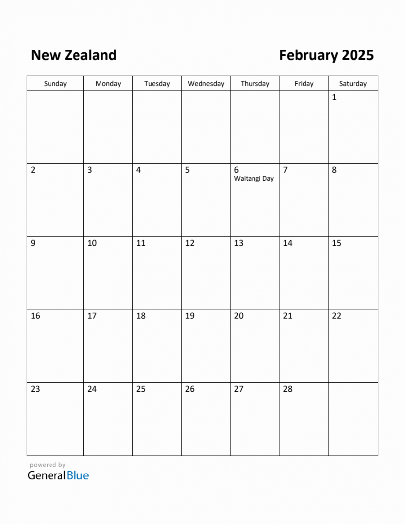 Free Printable February  Calendar for New Zealand