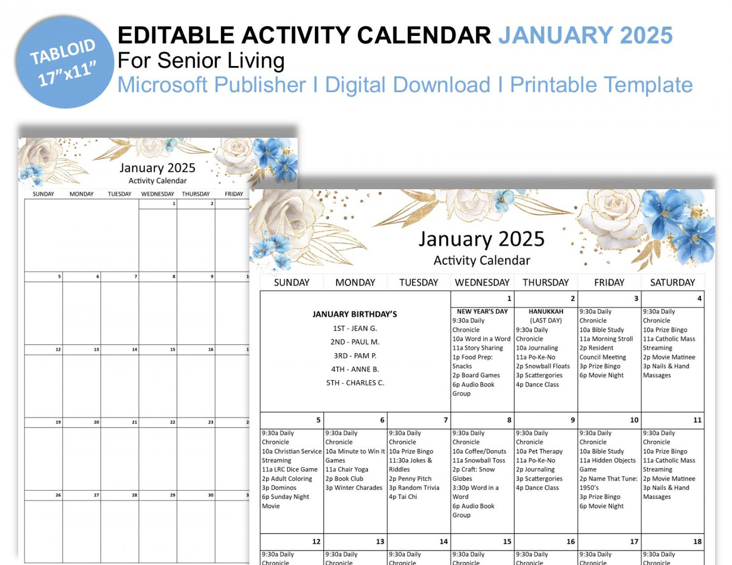 January  Editable Monthly Activities Calendar for Senior Living -  Tabloid Size (" x ") - Publisher Format