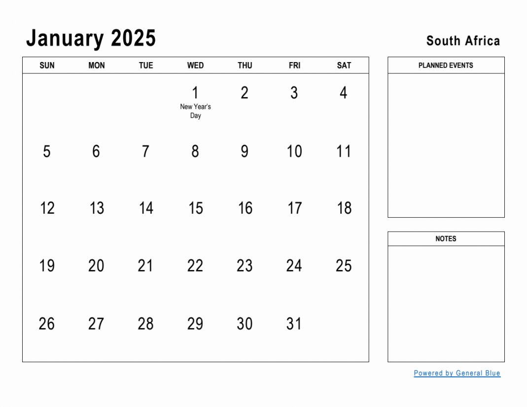 January  Planner with South Africa Holidays