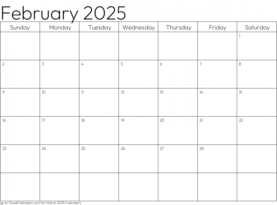 Standard February  Calendar Template in Landscape