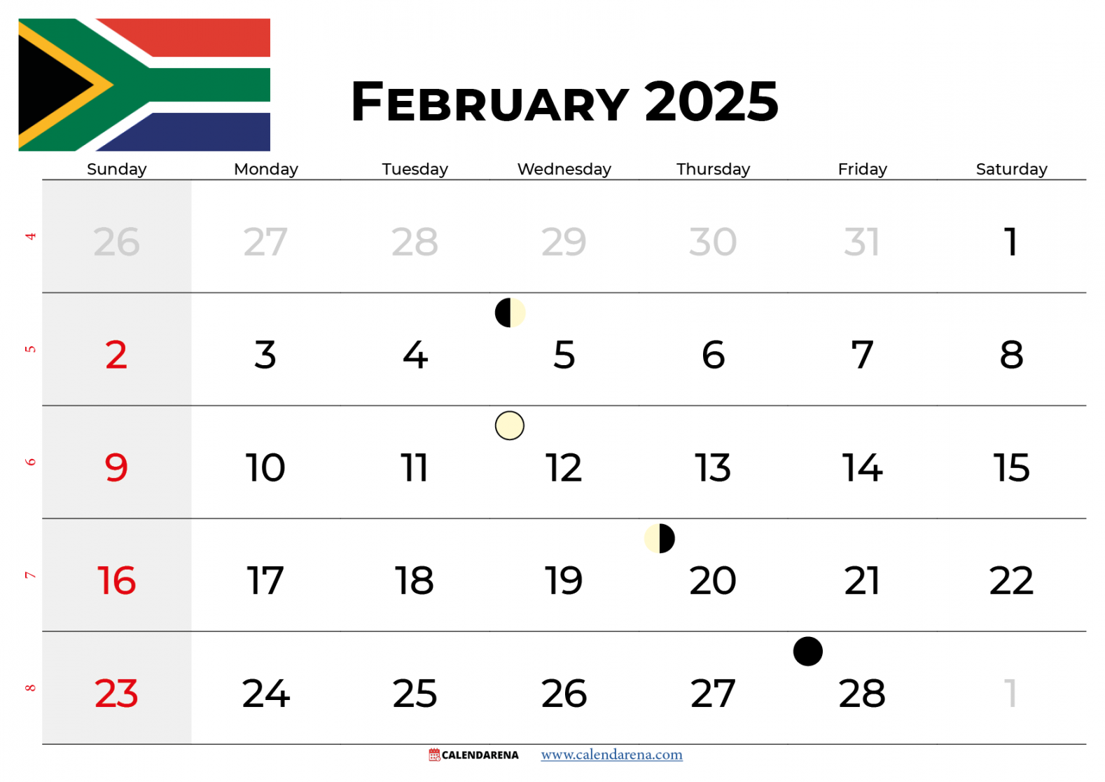 February  Calendar South Africa