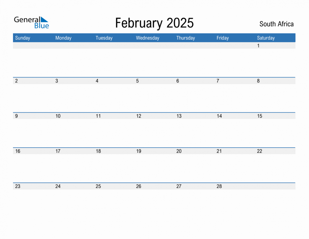 February  Monthly Calendar with South Africa Holidays