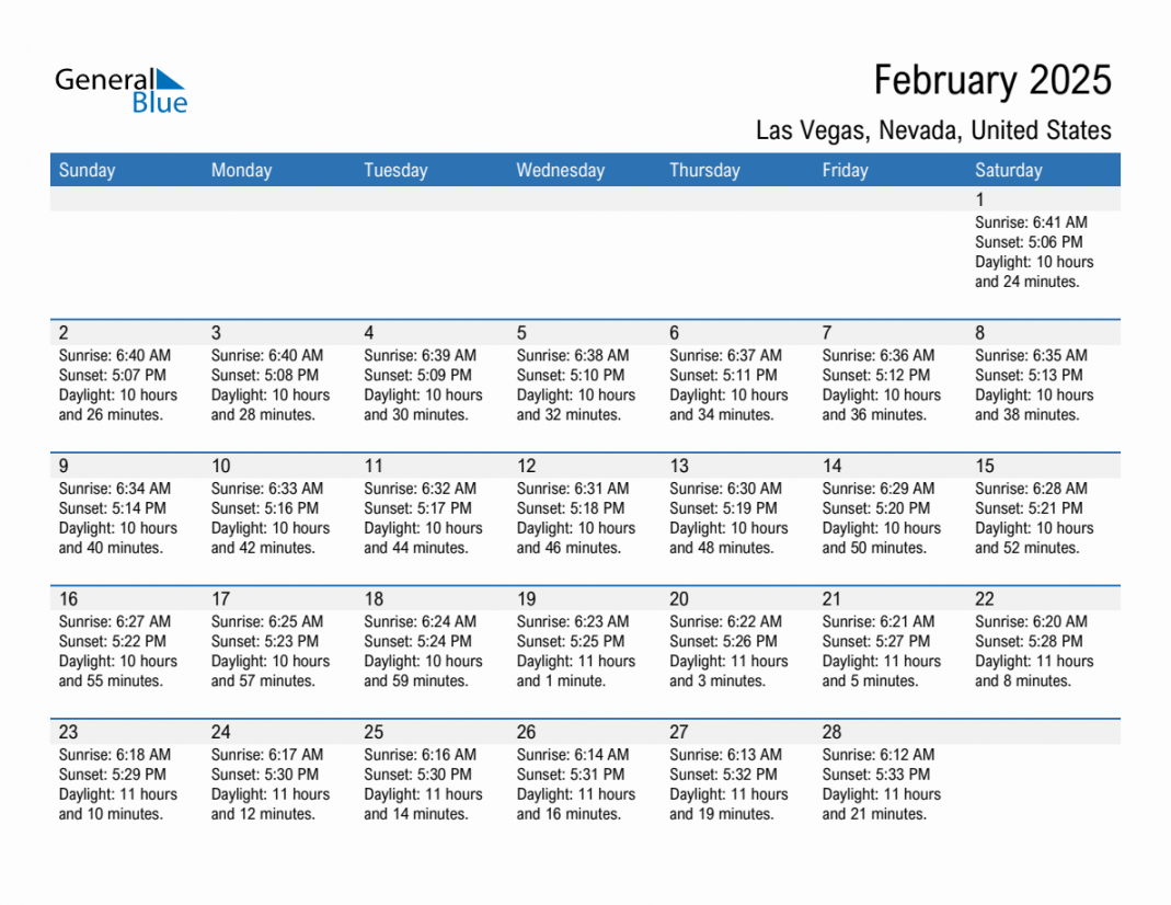 February  Sunrise and Sunset Calendar for Las Vegas (PDF