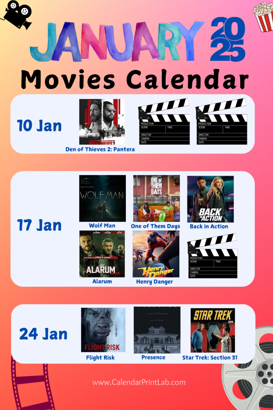 January  Movies Calendar in Vertical Layout by