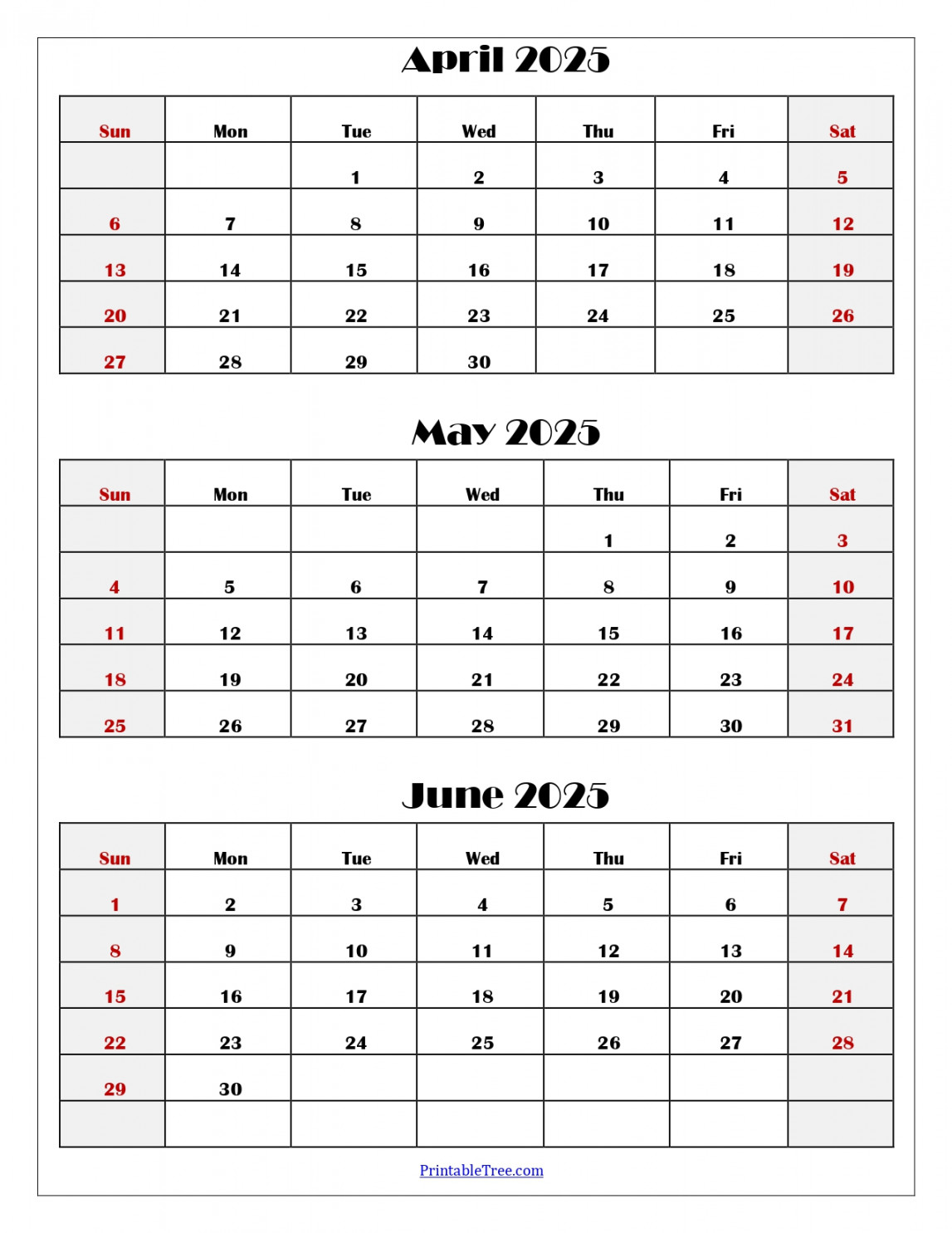 April to June  Calendar Printable PDF  Three Months Calendar