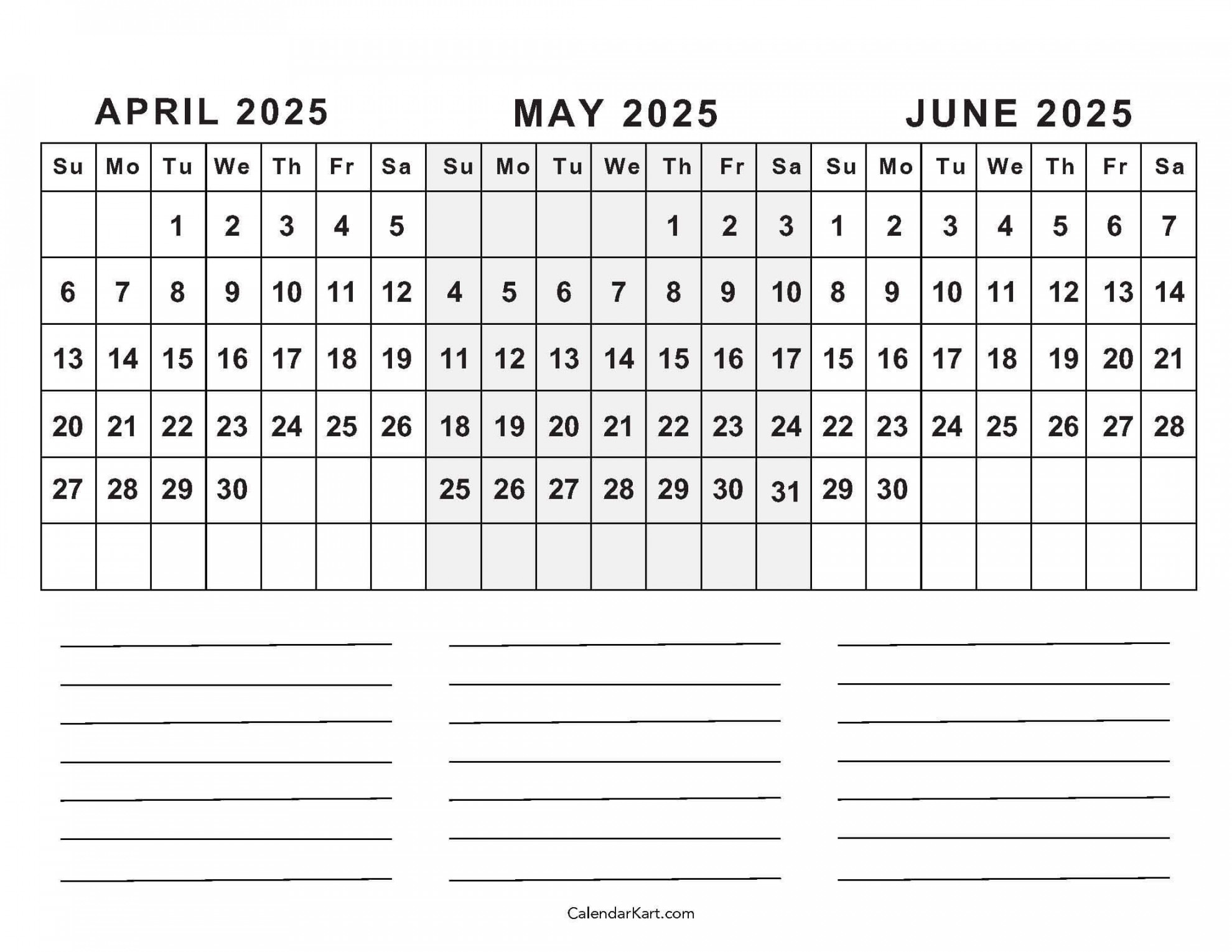 April to June  Calendars (Q): Free Printables