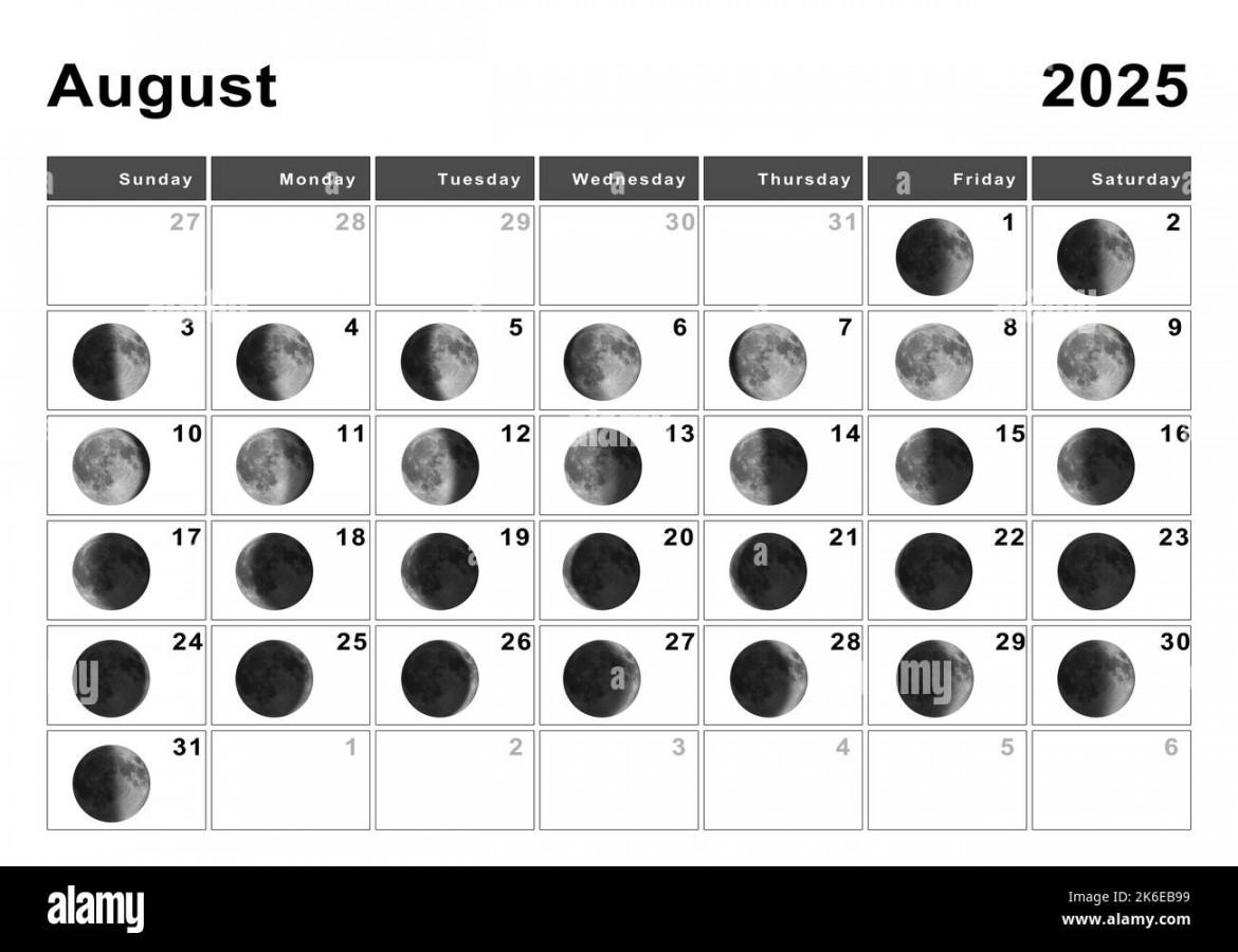 August  Lunar calendar, Moon cycles, Moon Phases Stock Photo