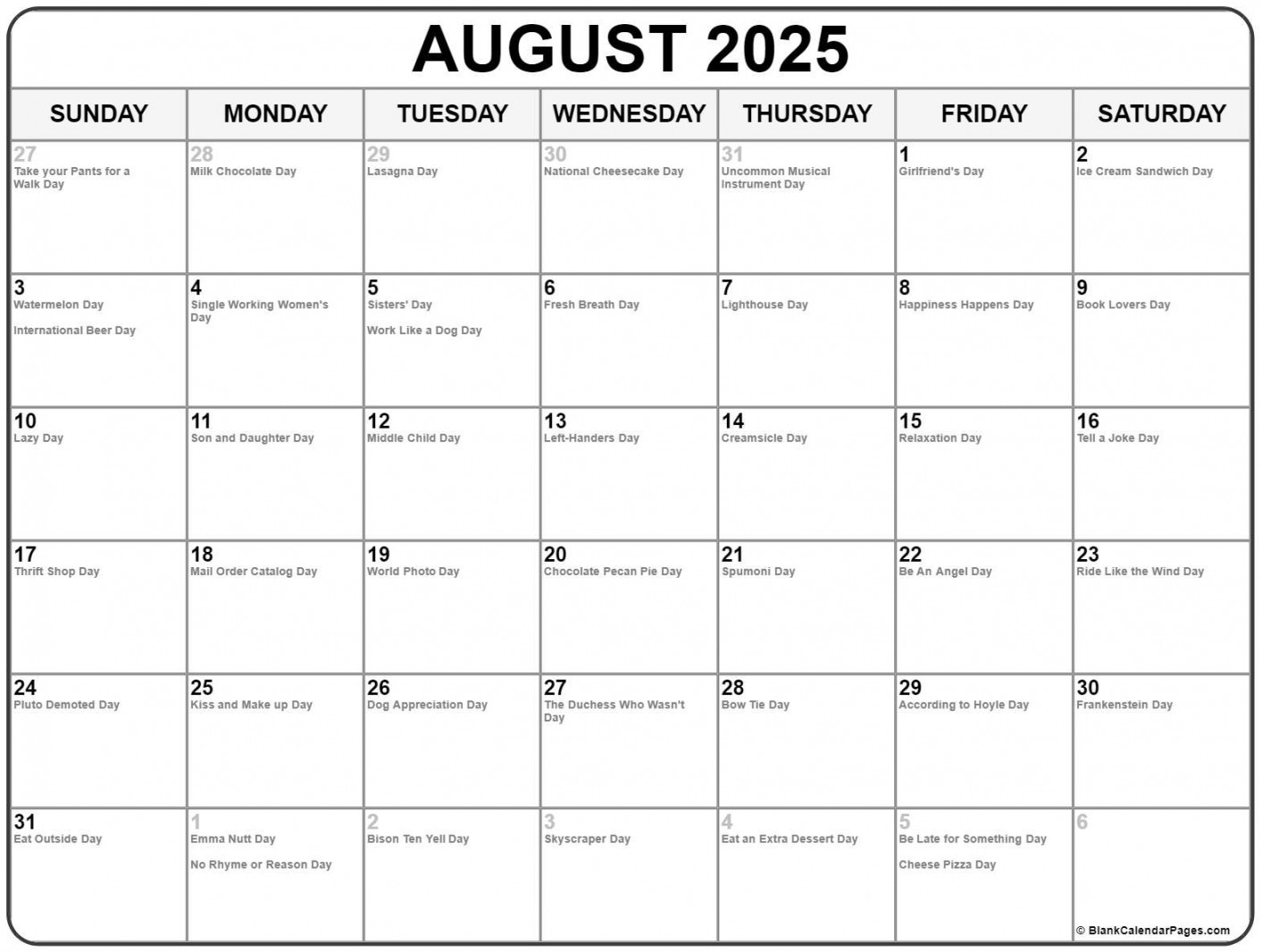 August  with holidays calendar