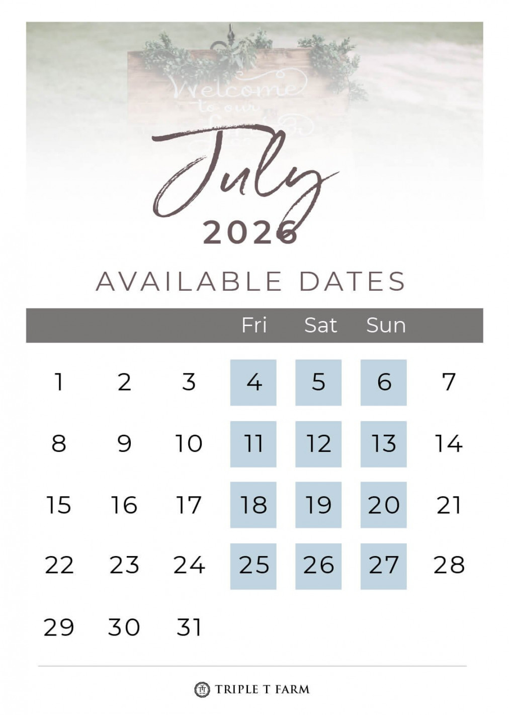 Availability Calendar — Triple T Farm Weddings & Events