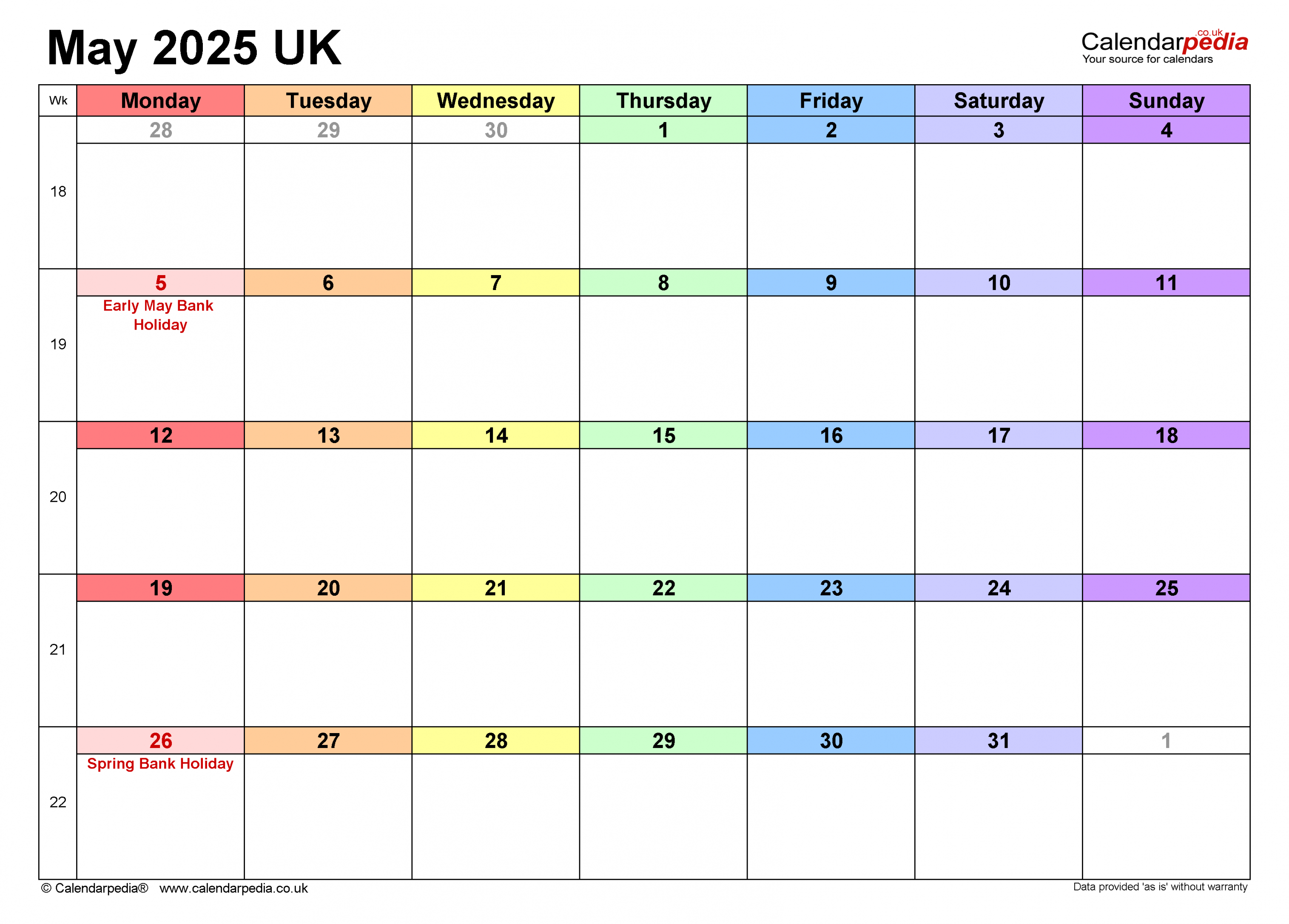 Calendar May  UK with Excel, Word and PDF templates