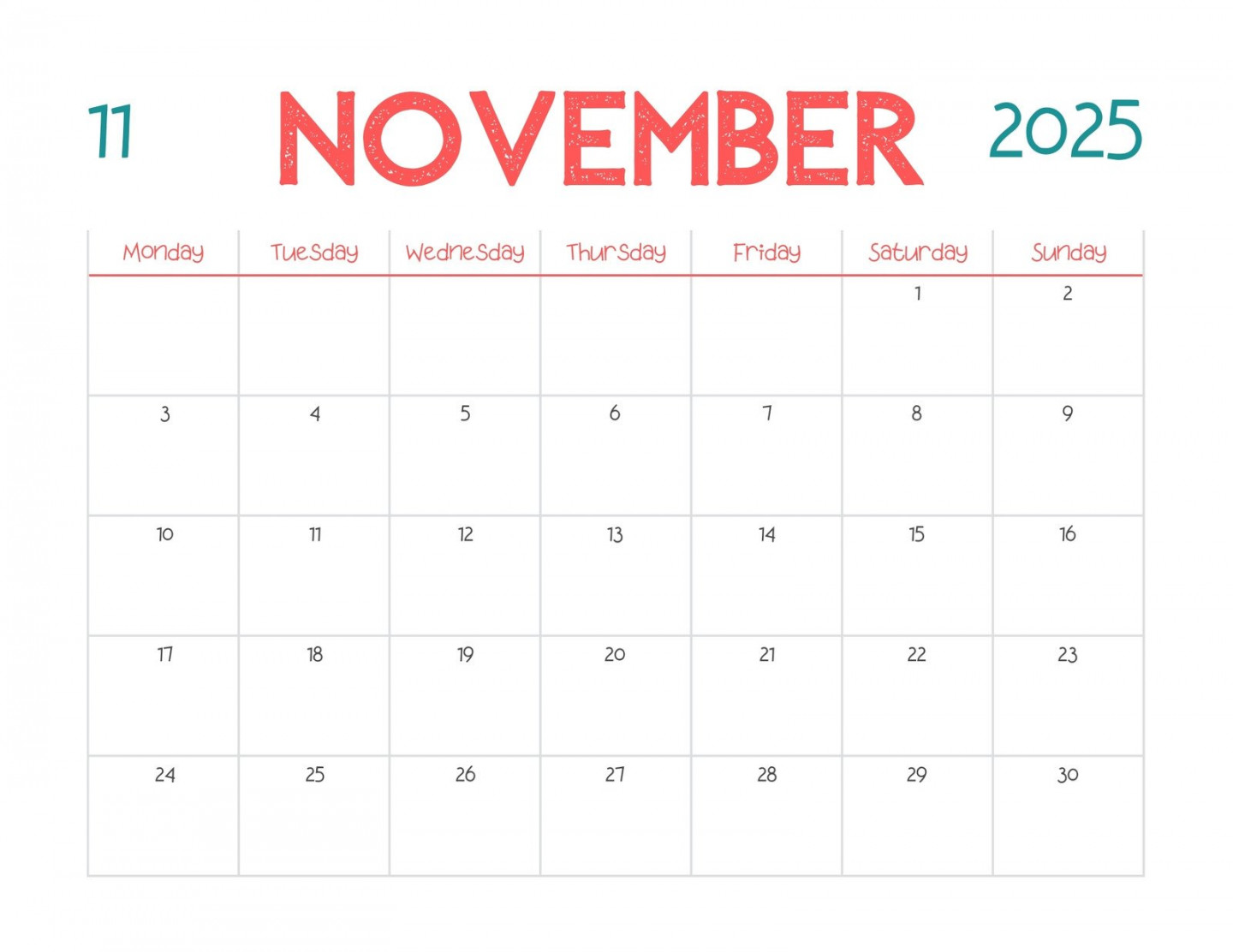 Free and printable November  calendar templates  Canva