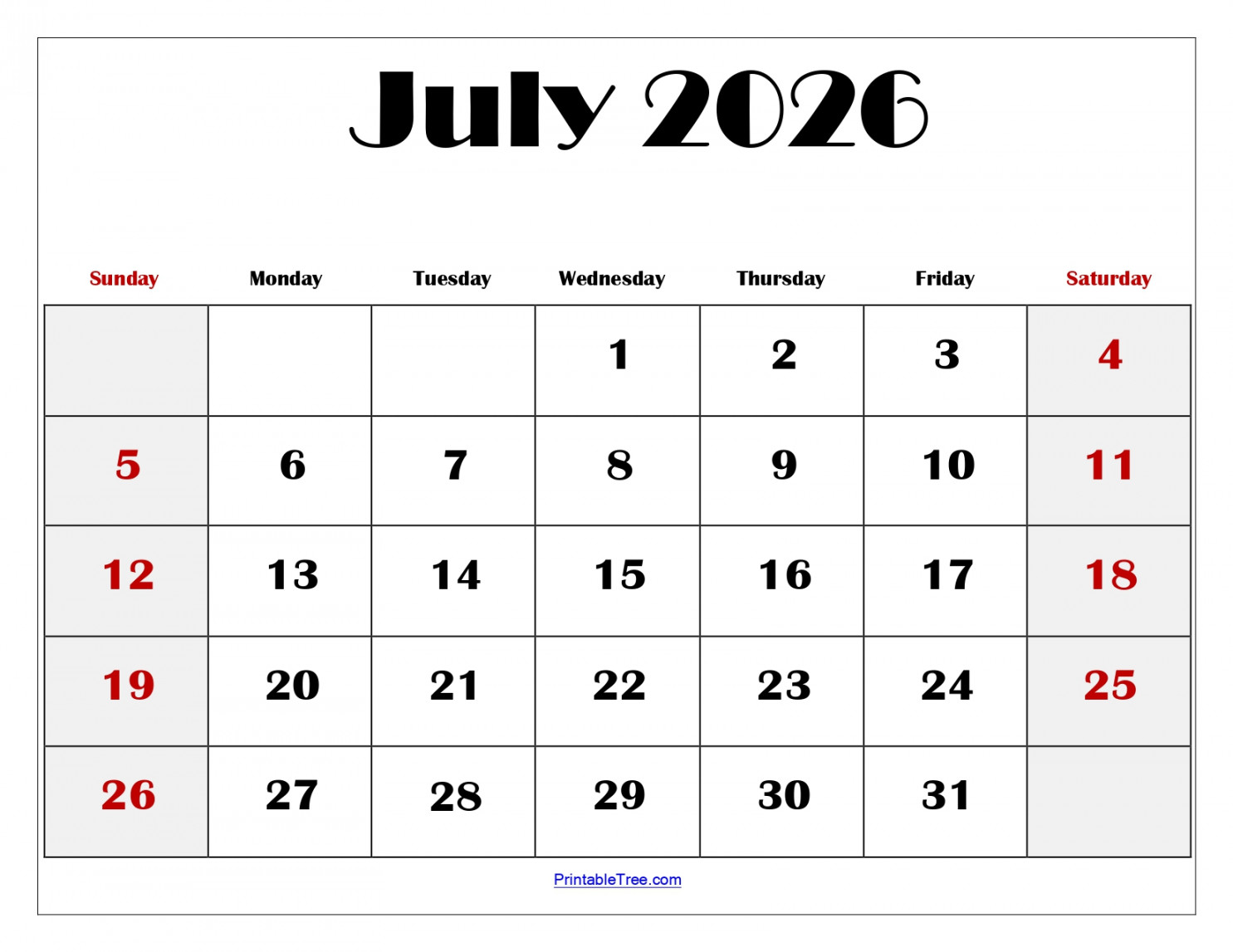 Free July  Calendar Printable PDF with Holidays Template