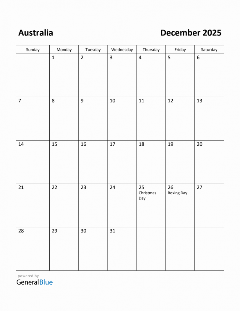 Free Printable December  Calendar for Australia