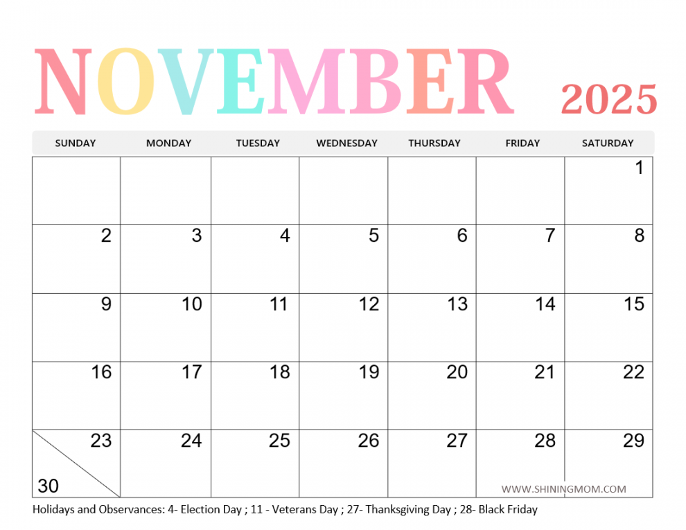 Free Printable November  Calendar with Holidays  Awesome Designs!