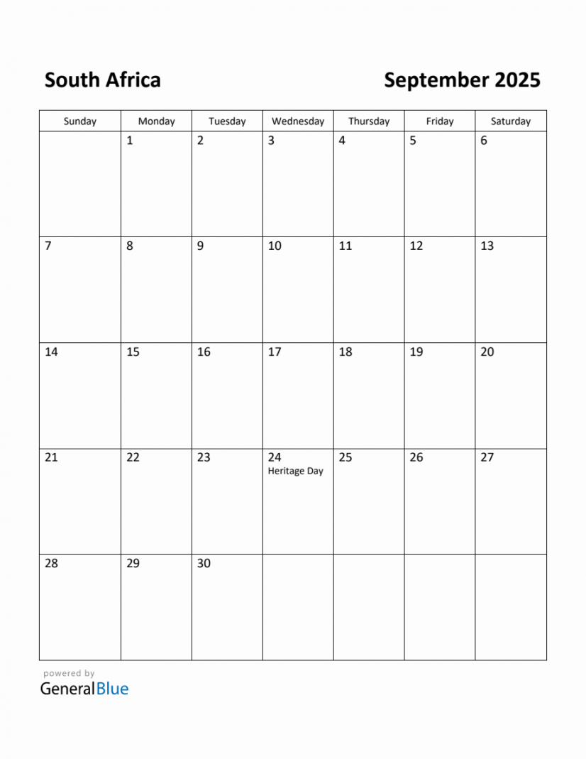 Free Printable September  Calendar for South Africa