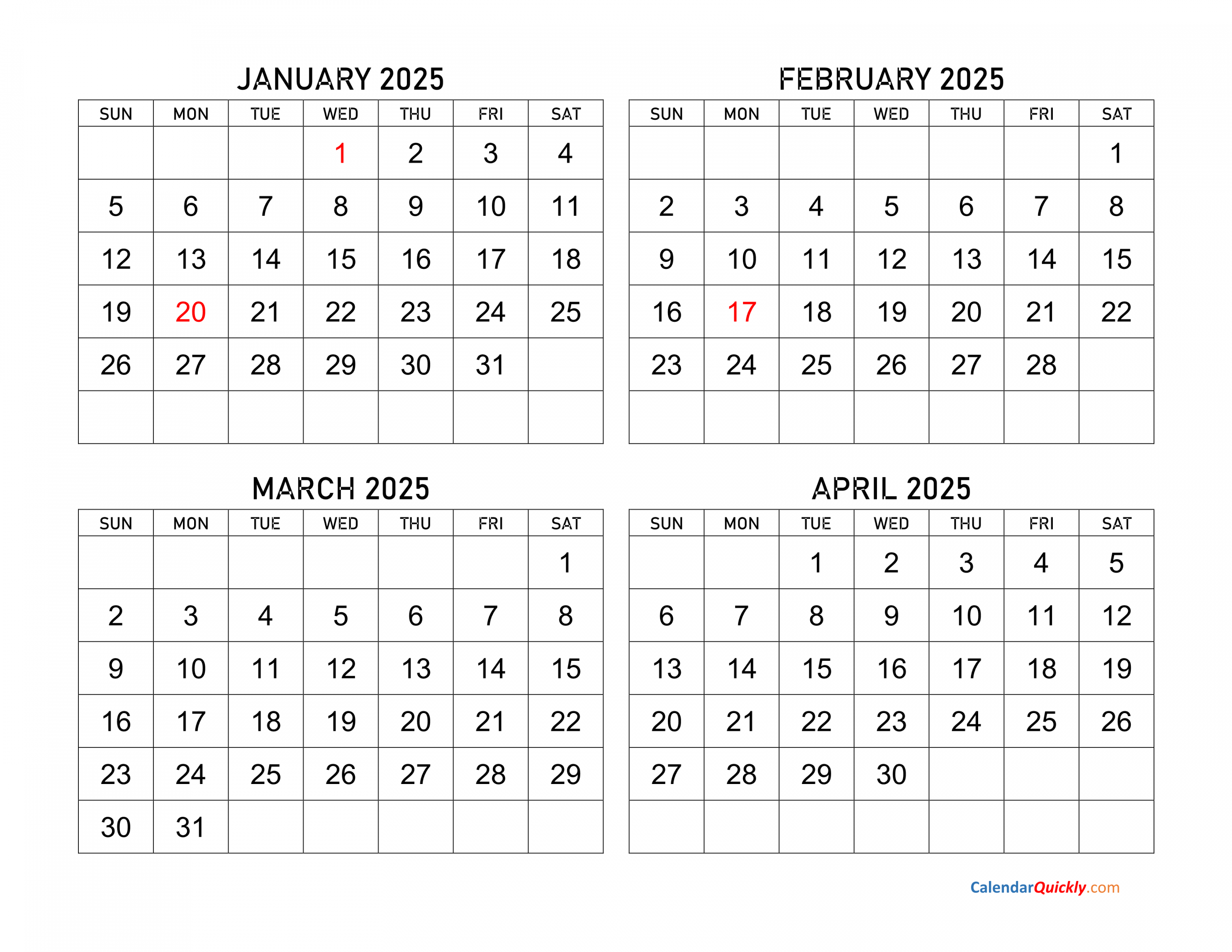 January to April  Calendar  Calendar Quickly