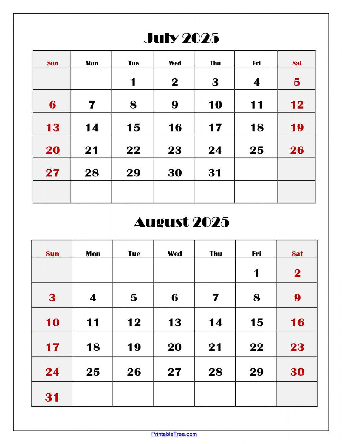 July and August  Calendar Printable PDF  Two Months Calendar