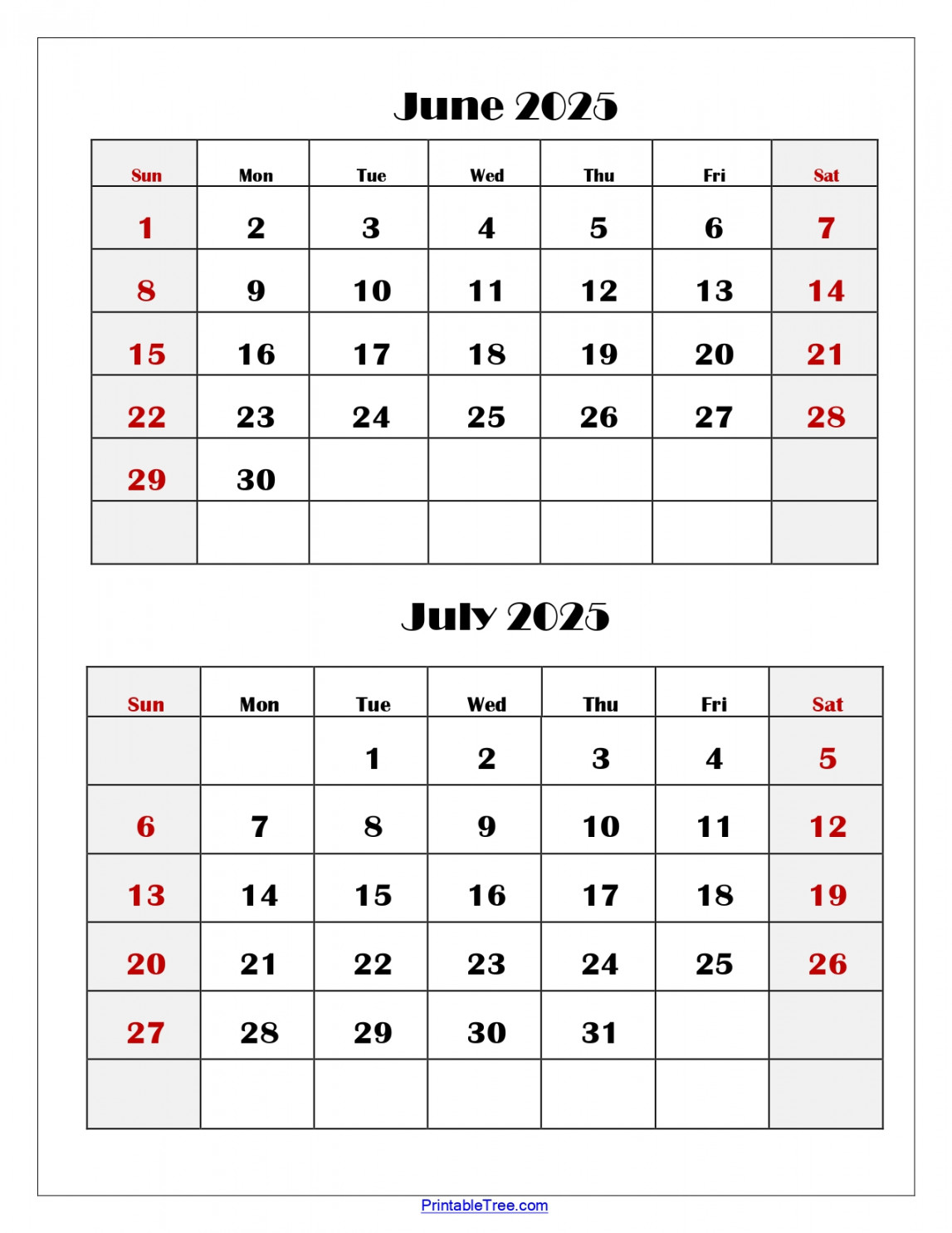 June and July  Calendar Printable PDF  Two Months Calendar