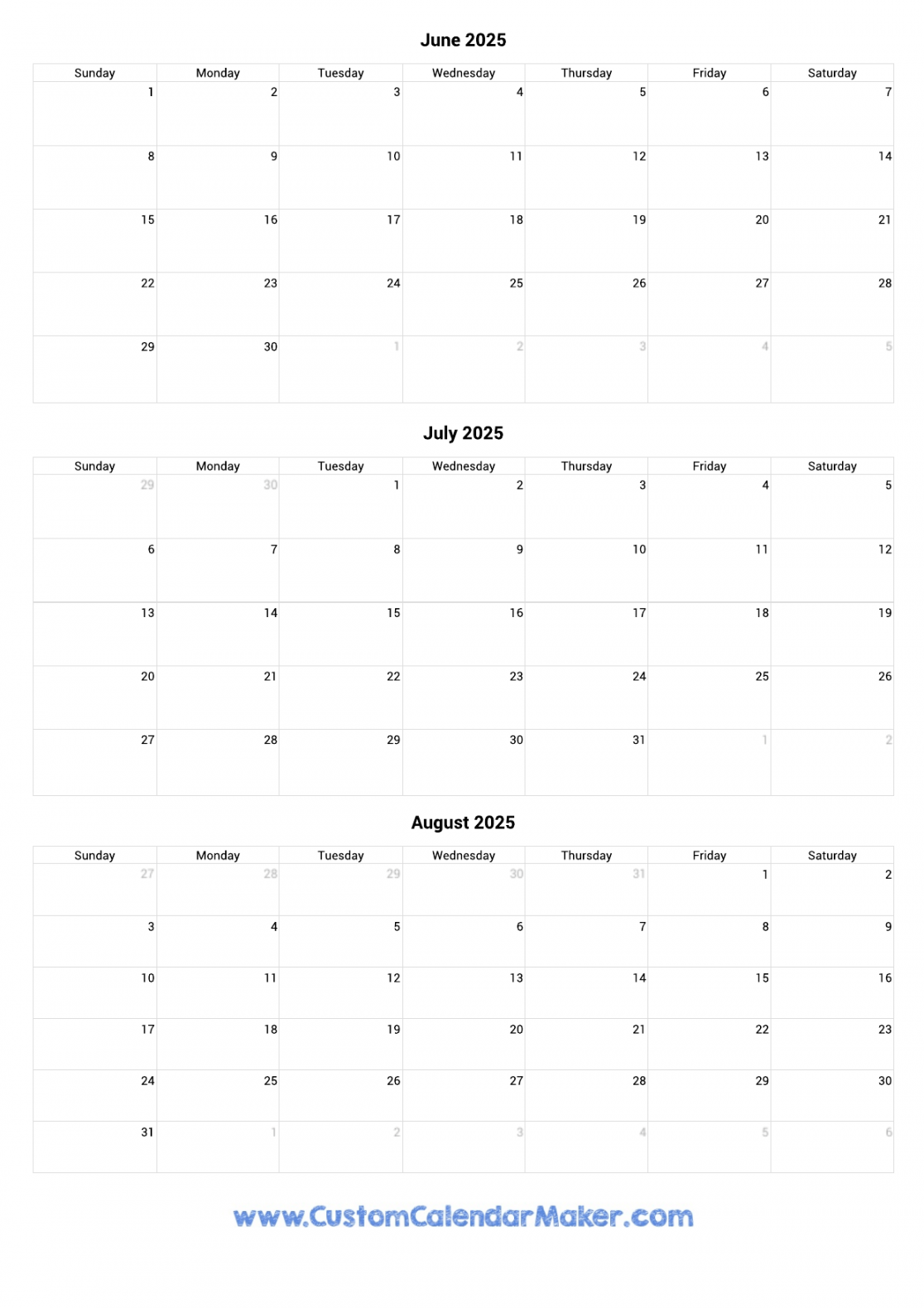 June to August  Calendar Printable  Custom Calendar Maker