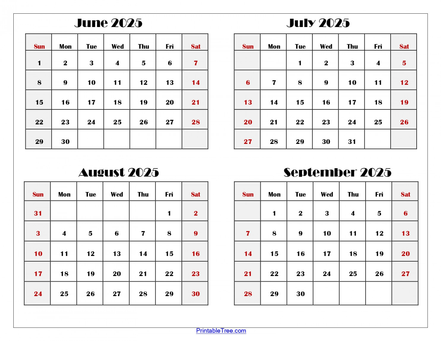 June to September  Calendar Printable PDF  Four Months Calendar