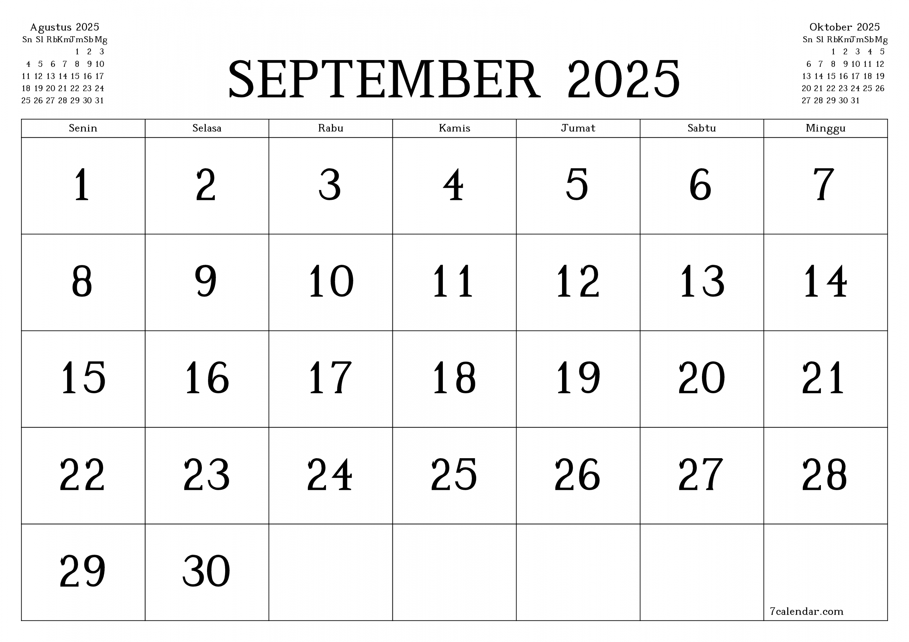 Kalender dan agenda untuk pencetakan September  A, A ke PDF