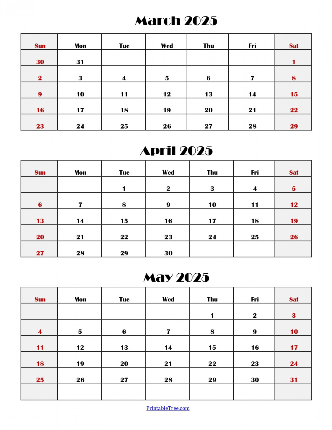 March to May  Calendar Printable PDF  Three Months Calendar