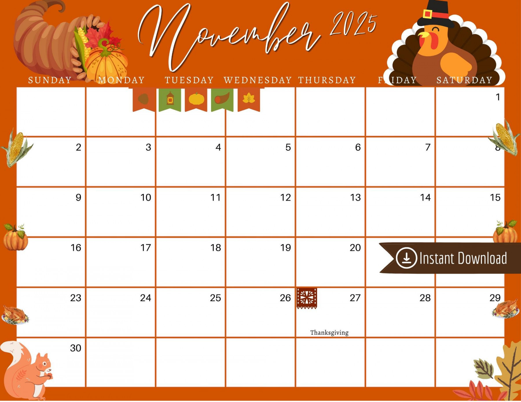 November  Digital Calendar - Orange Thanksgiving Planner