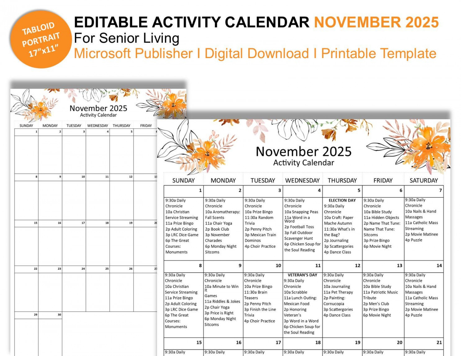 November  Editable Monthly Activities Calendar for Senior Living -  Tabloid Size (" x ") - Publisher Format