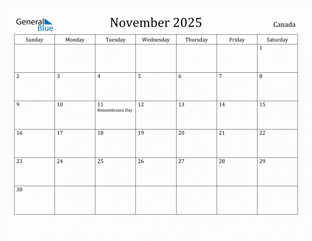 November  Monthly Calendar with Canada Holidays