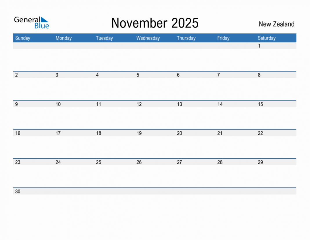 November  Monthly Calendar with New Zealand Holidays