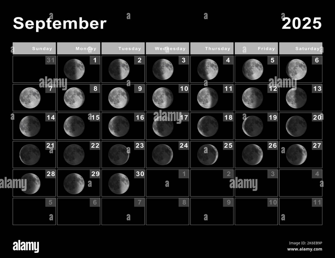 September  Lunar calendar, Moon cycles, Moon Phases Stock