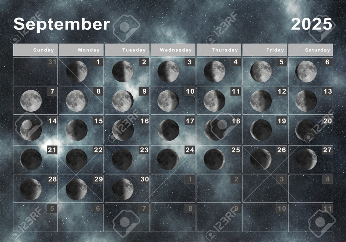 September  Lunar Calendar, Moon Cycles, Moon Phases Stock