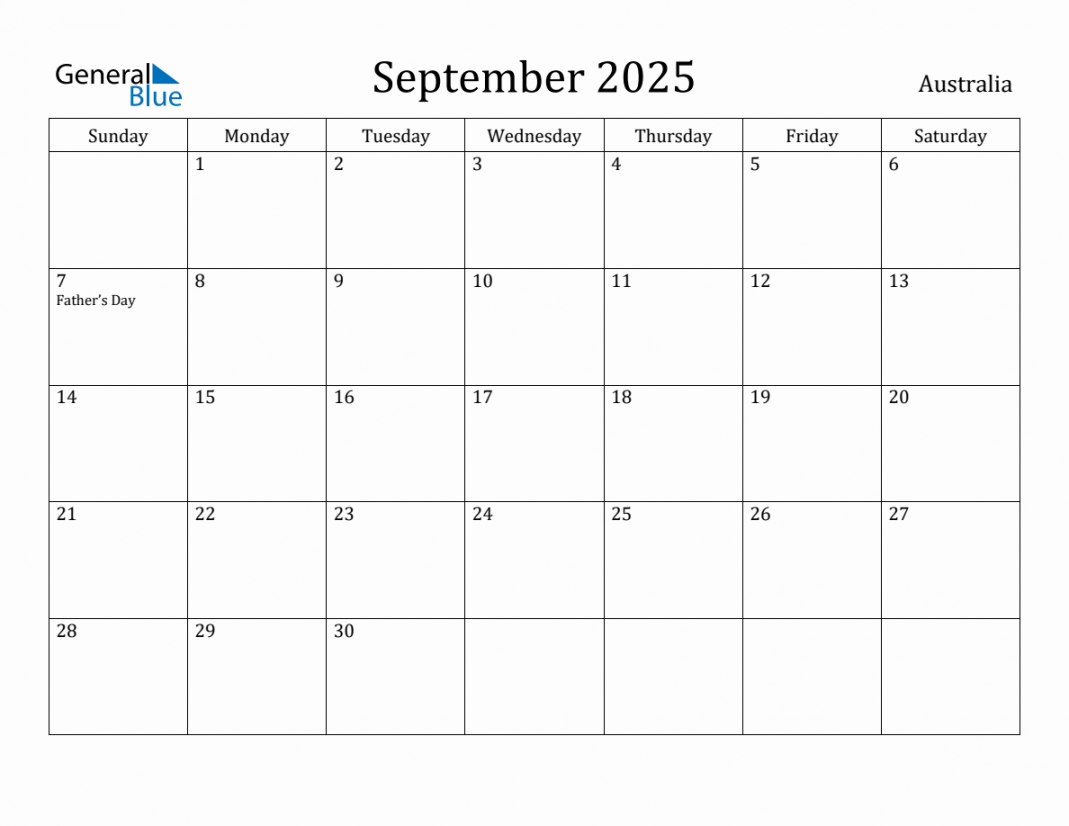 September  Monthly Calendar with Australia Holidays