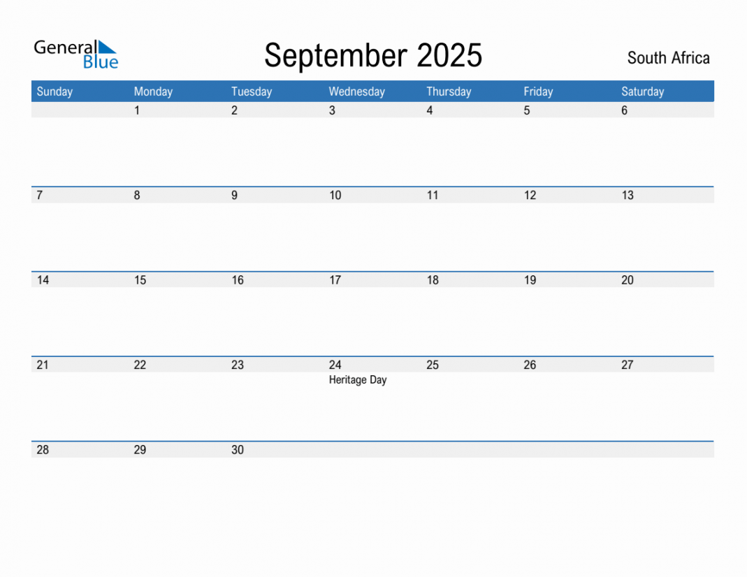 September  Monthly Calendar with South Africa Holidays