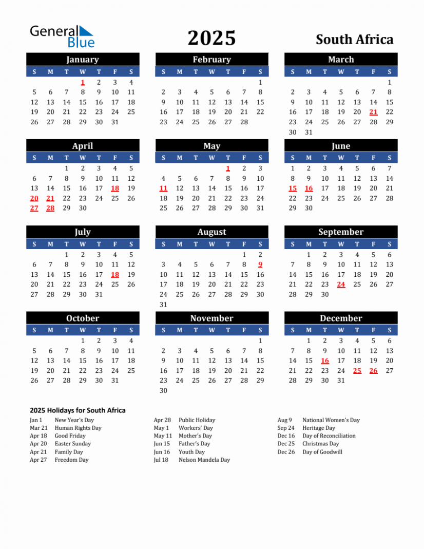 South Africa Holiday Calendar