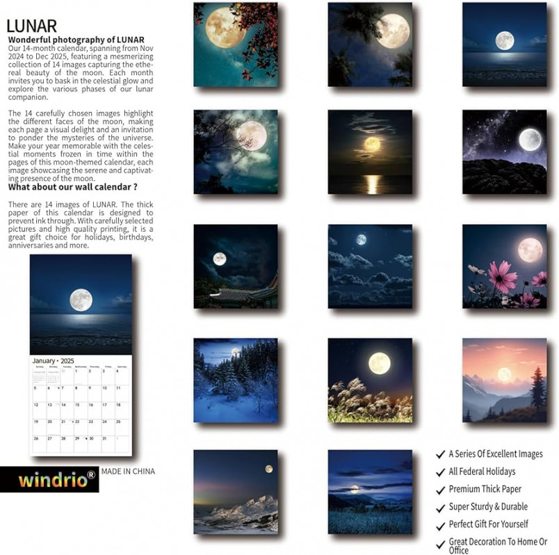 Wall Calendar,Calendar , January  - December , Wall  Calendar Moon, " x " Opened,Full Page Months Thick & Sturdy Paper for