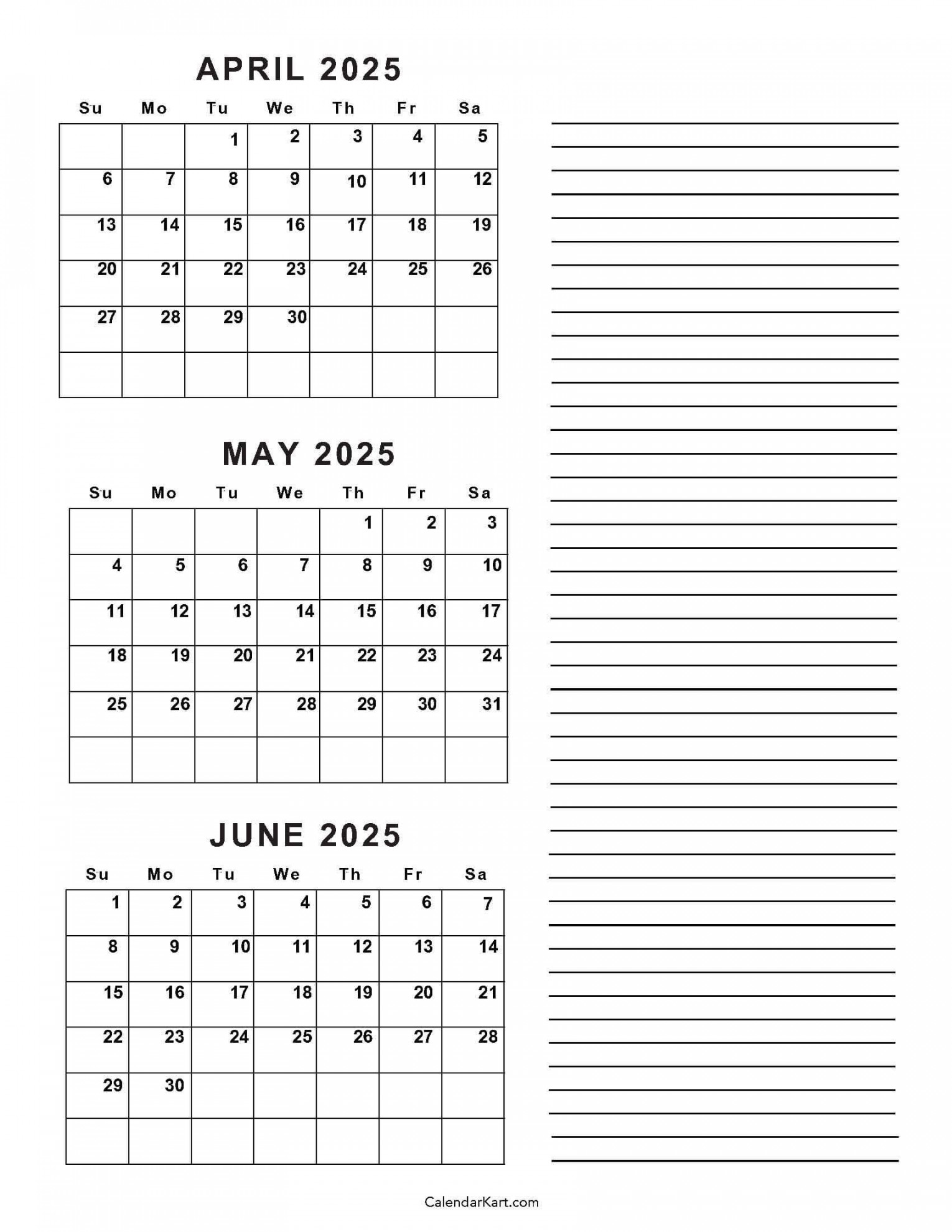 April to June  Calendars (Q): Free Printables