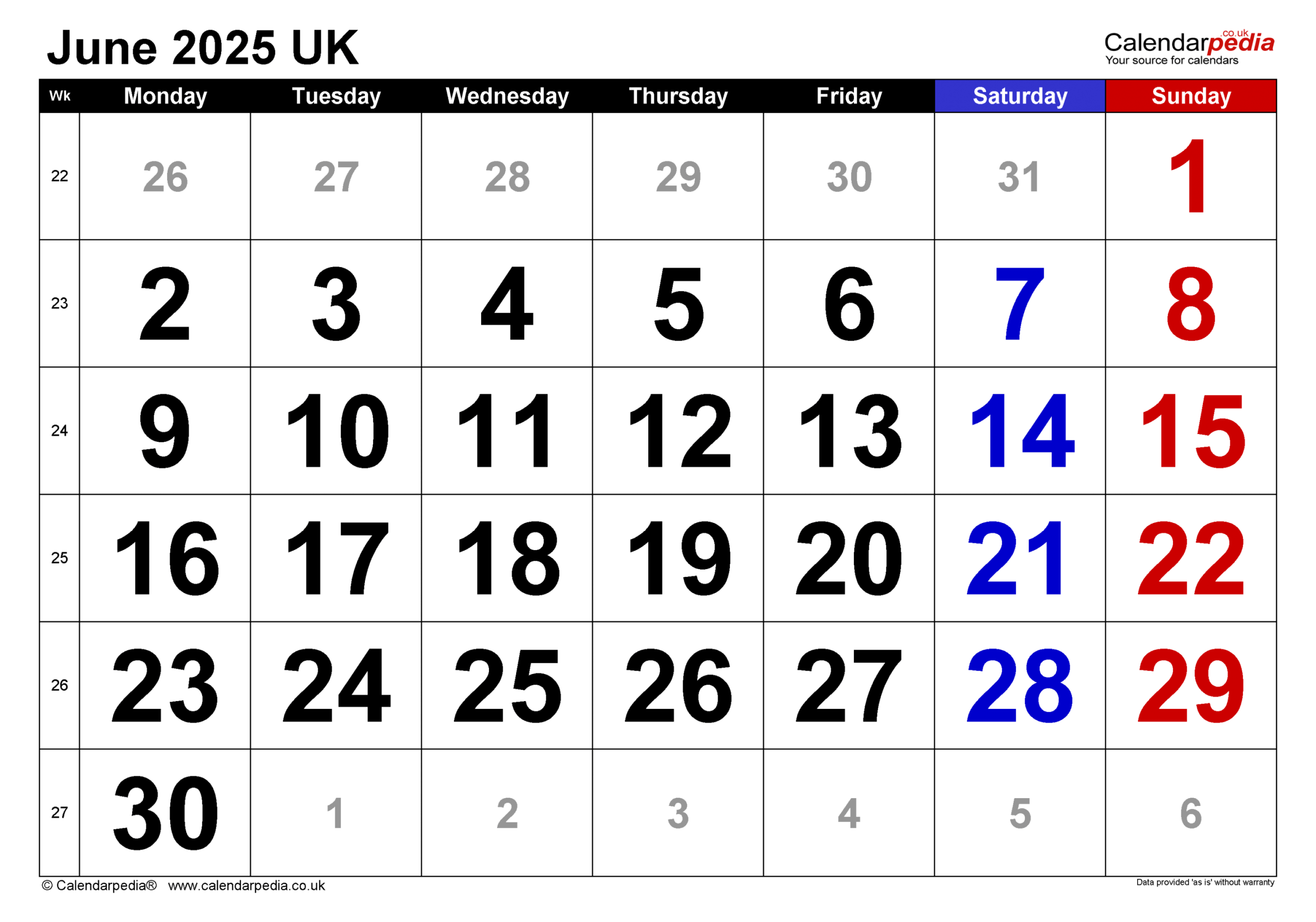 Calendar June  UK with PDF, Excel and Word templates