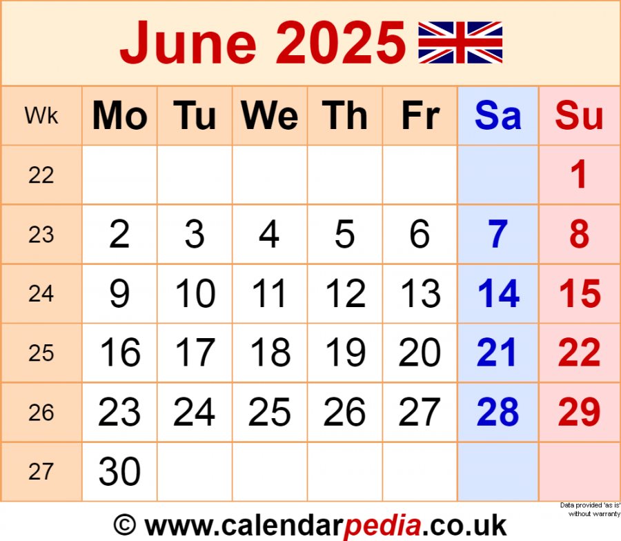 Calendar June  UK with PDF, Excel and Word templates