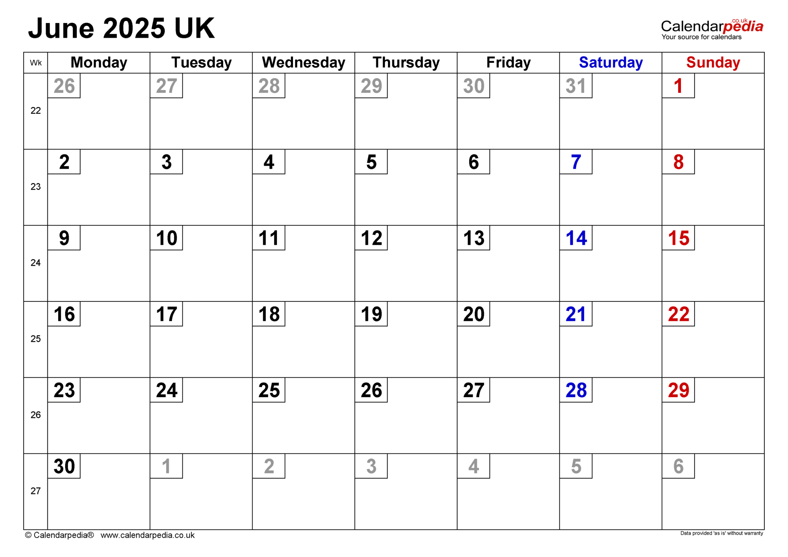 Calendar June  UK with PDF, Excel and Word templates