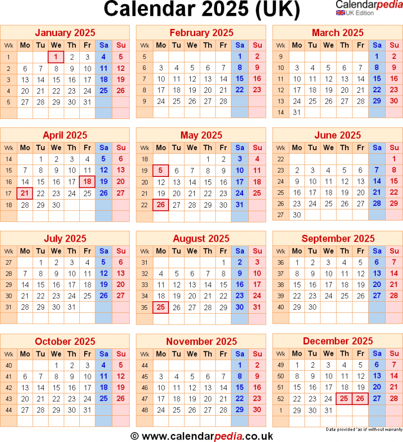 Calendar  UK with bank holidays and PDF/Excel/Word templates