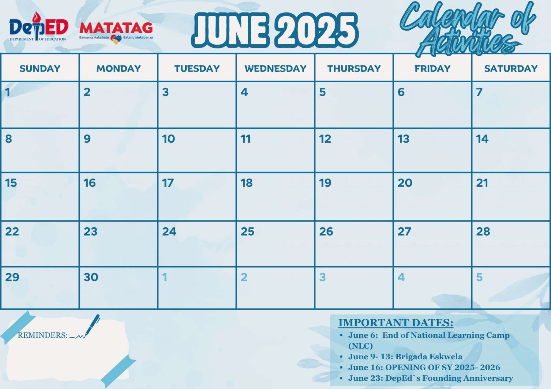 DepEd School Calendar of Activities  SY  -   BLUE