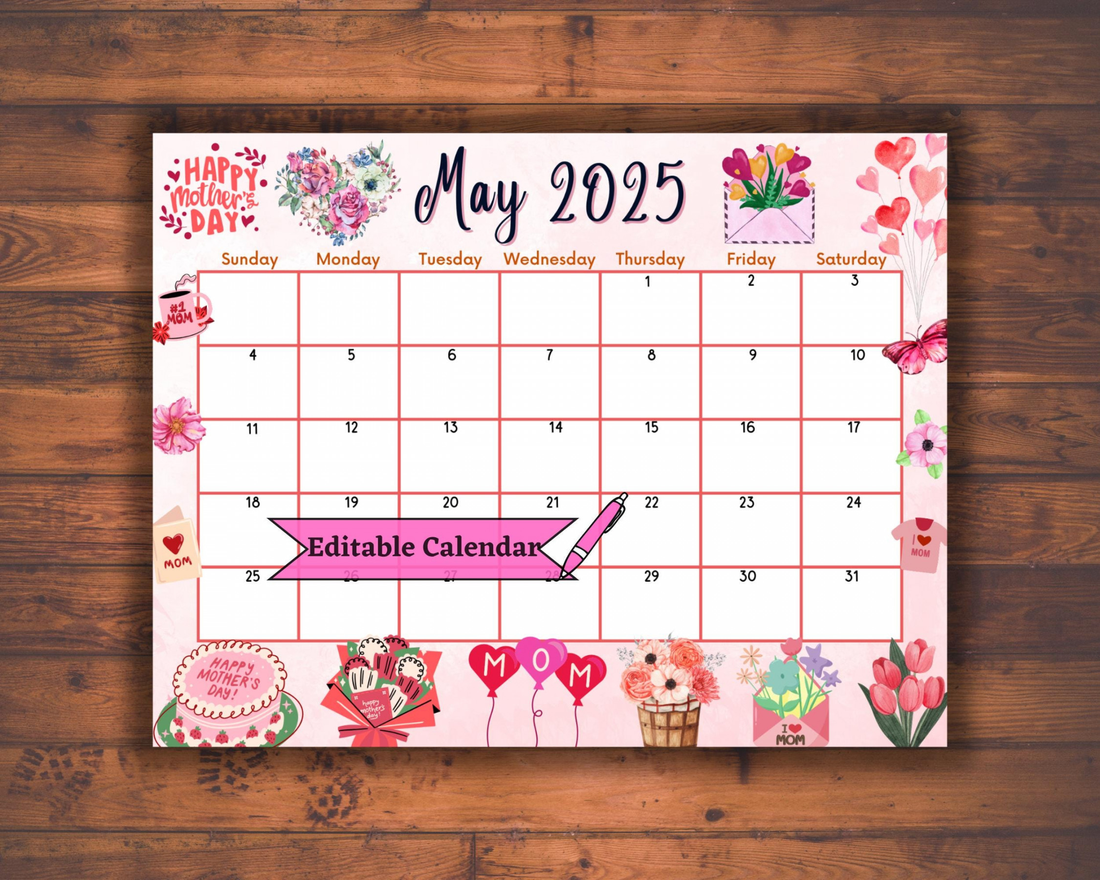 Editable Fillable May  Calendar for Mother