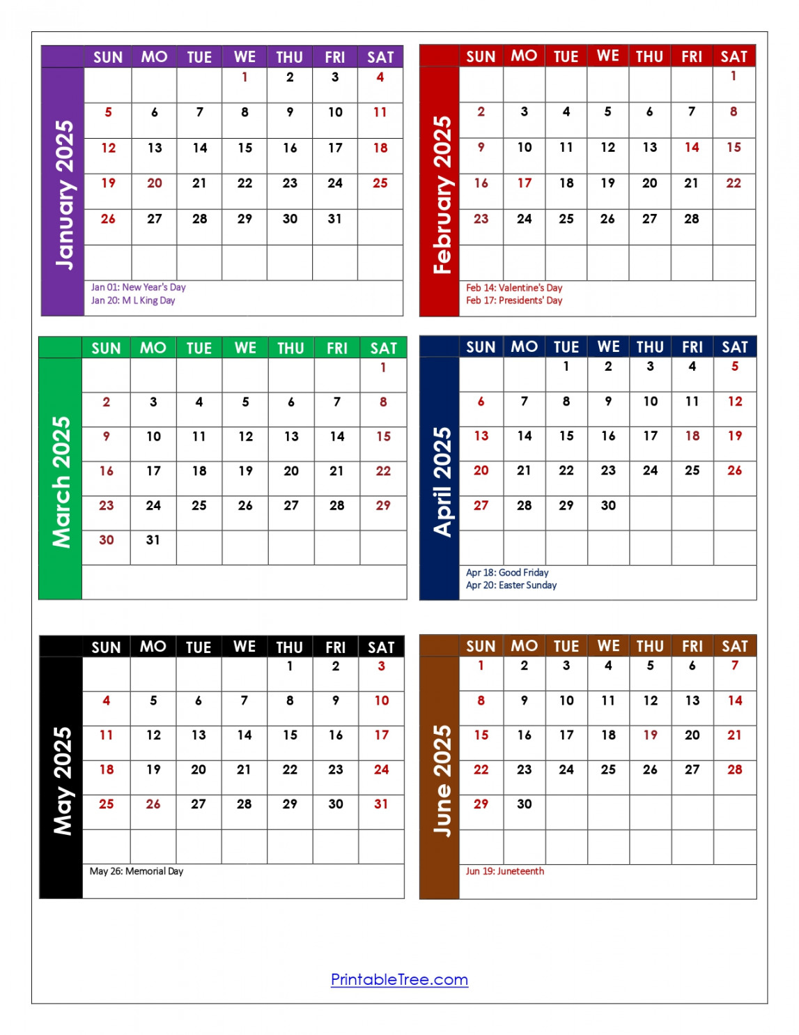 January to June  Calendar Printable PDF  Si Months Calendar